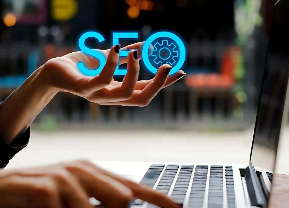Hand holding SEO icon near laptop.