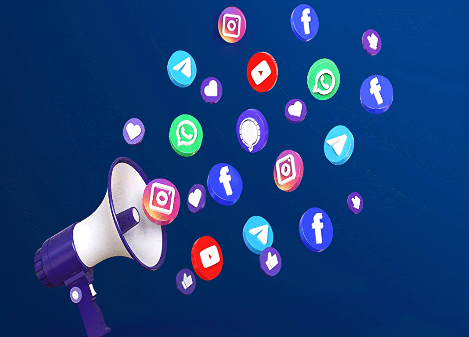 Megaphone with social media icons.